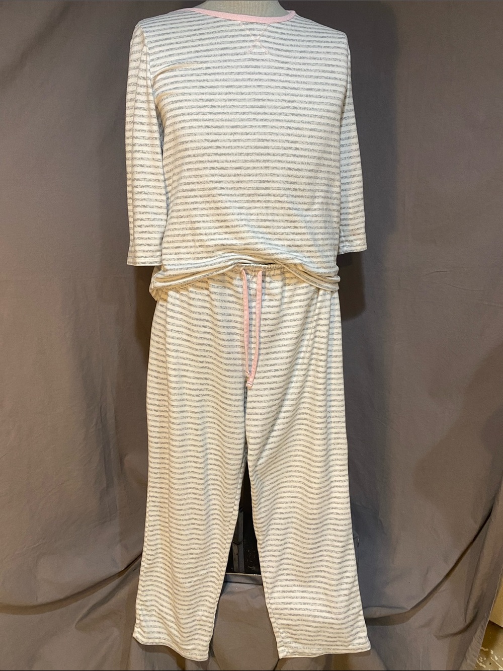 Nautica Cozy Striped Loungewear Set in Grey, White & Light Pink. Drawstring